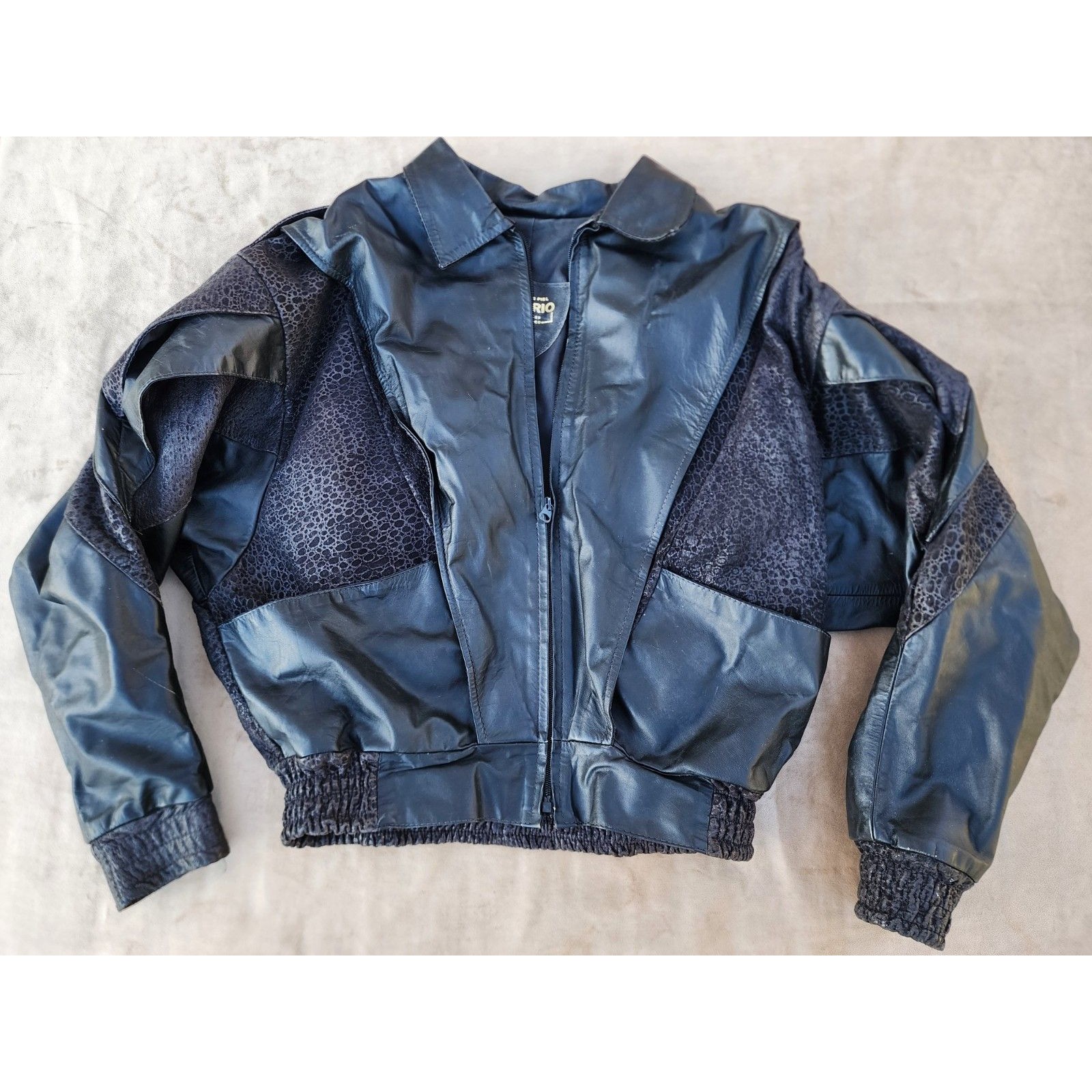 Sagitario Vintage 80's Black Leather Bomber Jacket Animal Print Panels Size L